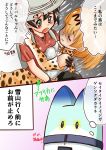  2girls animal_ears bare_shoulders black_hair blonde_hair blush breast_press bucket_hat comic commentary_request elbow_gloves gloves glowing glowing_eyes green_eyes hair_over_one_eye hakumaiya hat hat_feather highres kaban_(kemono_friends) kemono_friends lucky_beast_(kemono_friends) multiple_girls open_mouth red_shirt serval_(kemono_friends) serval_ears serval_print shirt short_hair sleeveless symmetrical_docking t-shirt tearing_up translation_request 