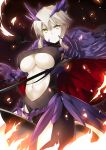  &gt;:( 1girl armor artist_name artoria_pendragon_(all) artoria_pendragon_(lancer_alter) blonde_hair breasts cape center_opening closed_mouth dark_background fate/grand_order fate_(series) fire game_cg gauntlets glowing highres horns horseback_riding large_breasts long_hair looking_at_viewer navel red_cape riding serious shiny shiny_hair sitting stomach straddling subaru_(794829485) turtleneck under_boob yellow_eyes 