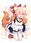  1girl alternate_costume animal_ears apron bell bell_collar blush breasts chihiro_(khorosho) collar commentary_request enmaided fate/grand_order fate_(series) fox_ears fox_tail hair_ribbon highres kneeling long_hair looking_at_viewer maid maid_apron maid_headdress medium_breasts one_eye_closed open_mouth pink_hair ribbon smile solo tail tamamo_(fate)_(all) tamamo_cat_(fate) thigh-highs waist_apron white_legwear yellow_eyes 