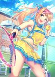  1girl :d armpits artist_request ball bare_shoulders blonde_hair blue_eyes blue_sky blush breasts cowboy_shot day ear_piercing foreshortening hair_ribbon heart heart_necklace long_hair medium_breasts moe2017 open_mouth original piercing ponytail racket ribbon sky sleeveless smile solo sparkle sportswear tennis tennis_ball tennis_racket tennis_uniform visor_cap wristband 