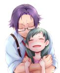  1boy 1girl :d antenna_hair arm_grab black-framed_eyewear blue_shirt blush closed_eyes closed_mouth collarbone collared_shirt commentary_request esoragoto facing_viewer glasses green_hair highres hug hug_from_behind long_hair minobiyo muscle necktie open_mouth pink_shirt purple_hair red_neckwear shirt simple_background sleeves_rolled_up smile striped striped_shirt suspenders under-rim_eyewear white_background 