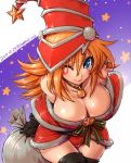  1girl adapted_costume amania_orz arms_behind_back bare_shoulders bell bell_choker belt black_gloves blonde_hair blue_eyes bow breasts buckle choker christmas cleavage dark_magician_girl dated elbow_gloves facial_mark fur_trim gloves gradient gradient_background hat large_breasts long_hair one_eye_closed purple_background sack santa_costume shiny shiny_clothes solo star thigh-highs twitter_username wizard_hat yu-gi-oh! yuu-gi-ou_duel_monsters 