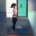  1girl blue_eyes blush bucket cardigan closed_mouth clothes_around_waist day feet from_side hair_bun highres indoors jacket jacket_around_waist long_sleeves mianbaoshi_mengxiang no_socks original pants profile red_jacket short_hair slippers smile solo standing washing window 