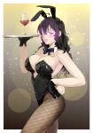  1girl ;) absurdres animal_ears beifeng_han breasts bunny_girl cleavage cup detached_collar drinking_glass fishnet_legwear fishnet_pantyhose fishnets highres large_breasts long_hair miyaura_sanshio one_eye_closed pantyhose parted_lips purple_hair rabbit_ears smile solo violet_eyes wine_glass 