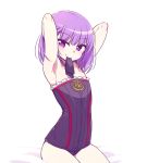  1girl armpits arms_up bangs bare_arms bare_shoulders bed blunt_bangs blush chan_co closed_mouth commentary_request cowboy_shot eyebrows_visible_through_hair fate/grand_order fate_(series) flat_chest helena_blavatsky_(fate/grand_order) legs_together looking_at_viewer mouth_hold on_bed purple_hair short_hair simple_background sitting smile solo tying_hair vest violet_eyes white_background 