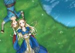  1boy 1girl absurdres blonde_hair blue_eyes blush dress earrings field gloves hair_ornament highres jewelry link long_hair looking_at_viewer pointy_ears ponytail princess_zelda shiroa_uran smile the_legend_of_zelda the_legend_of_zelda:_breath_of_the_wild water 