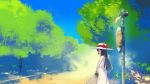  1girl bare_arms bare_shoulders black_hair bow bus_stop closed_eyes closed_mouth dress from_side hat hat_bow highres holding long_hair mianbaoshi_mengxiang original outdoors paint profile red_bow road road_sign sign smile solo standing sun_hat sundress tree white_dress 