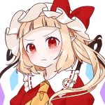  &gt;:( 1girl ascot bangs blonde_hair blunt_bangs bow closed_mouth flandre_scarlet forehead frown gotoh510 hat hat_bow long_hair mob_cap one_side_up pointy_ears red_bow red_eyes simple_background solo touhou upper_body white_background white_hat wings 