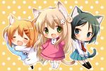  3girls :d ^_^ ^o^ animal_ears black_hair blue_eyes cat_ears cat_tail closed_eyes commentary_request doll_hug dress green_eyes hair_ornament hairclip long_hair maa_(nyanko_days) multiple_girls necktie nyanko_days open_mouth oumi_neneha parted_lips pleated_skirt polka_dot polka_dot_background purple_dress rou_(nyanko_days) shii_(nyanko_days) short_hair silver_hair skirt smile stuffed_animal stuffed_fish stuffed_toy suspenders tail thigh-highs white_dress zettai_ryouiki 