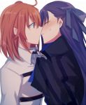  2girls ahoge aoki_shizumi blue_ribbon blush chains closed_eyes face-to-face fate/extra fate/extra_ccc fate/grand_order fate_(series) fujimaru_ritsuka_(female) hair_ribbon imminent_kiss long_hair long_sleeves looking_at_another meltlilith multiple_girls orange_eyes orange_hair purple_hair ribbon sleeves_past_wrists sweat white_background yuri 