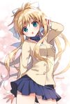  1girl :o air arm_behind_back bangs beige_jacket blazer blonde_hair blue_eyes blue_skirt blue_sweater blush bow clannad company_connection contrapposto cosplay cowboy_shot eyebrows_visible_through_hair hair_between_eyes hair_bow hair_ribbon hand_behind_head head_tilt high_ponytail jacket kamio_misuzu key_(company) looking_at_viewer mauve outstretched_arms parted_lips pleated_skirt ponytail ribbon school_uniform sidelocks skirt solo spread_arms sweater white_bow white_ribbon white_sailor_collar 