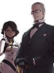  1boy 1girl belt black_gloves black_hair bow bowtie cane commentary_request dark_skin duke_of_normandy_(princess_principal) formal gazelle_(princess_principal) glasses gloves grey_hair murakami_hisashi necktie princess_principal short_hair suit white_gloves 