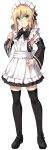  1girl alternate_costume apron black_legwear blonde_hair blush detached_sleeves enmaided fate/apocrypha fate/grand_order fate_(series) full_body green_eyes hand_on_hip ladle maid maid_apron maid_headdress ponytail saber_of_red shiseki_hirame short_hair solo thigh-highs white_background wide_sleeves zettai_ryouiki 