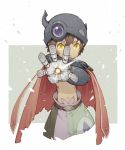  1boy attacking_viewer belt brown_hair cape frown hair_between_eyes helmet horned_helmet looking_at_viewer made_in_abyss male_focus mechanical_arms navel pants red_cape regu_(made_in_abyss) short_eyebrows slit_pupils solo standing yellow_eyes yue_(kingdom1259) 