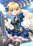  1girl ahoge artoria_pendragon_(all) black_legwear blonde_hair blue_neckwear blue_ribbon eyebrows_visible_through_hair fate_(series) green_eyes hair_between_eyes hair_ribbon hand_in_hair hat highres ichiren_namiro idol microphone necktie ribbon short_hair_with_long_locks short_necktie short_sleeves solo spotlight stage thigh-highs white_hat wrist_cuffs 