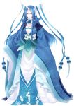  1girl asame21 blue_hair breasts cleavage dragonair full_body hair_wings highres horn japanese_clothes large_breasts personification pokemon red_eyes ribbon smile solo standing wide_sleeves 