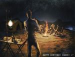  4boys campfire final_fantasy final_fantasy_xv from_behind gladiolus_amicitia happy_birthday ignis_scientia lantern male_focus multiple_boys noctis_lucis_caelum prompto_argentum setsu-st sky star_(sky) starry_sky table tent 