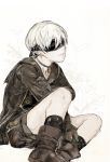  1boy bangs black_legwear blindfold boots brown_footwear brown_gloves choker covered_eyes from_side gloves highres hiranko jacket long_sleeves male_focus nier_(series) nier_automata parted_lips short_hair shorts sitting solo white_hair yorha_no._9_type_s 