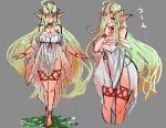  &gt;:o 1girl :o bakabakasii bare_shoulders barefoot blush breasts character_sheet choker cleavage elf full_body green_hair groin hair_over_one_eye hand_on_own_chin headpiece jewelry large_breasts long_hair looking_at_viewer necklace no_panties original pointy_ears sketch smile solo standing sweatdrop very_long_hair yellow_eyes 