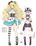  2girls alice_(wonderland) alice_(wonderland)_(cosplay) alice_in_wonderland animal_ears anne_bonny_(fate/grand_order) blonde_hair blue_eyes blush breasts chocoan cleavage cosplay fate/grand_order fate_(series) full_body gloves hat large_breasts long_hair looking_at_viewer mary_read_(fate/grand_order) midriff multiple_girls one_eye_closed rabbit_ears red_eyes scar short_hair silver_hair small_breasts smile standing top_hat twintails white_rabbit white_rabbit_(cosplay) 