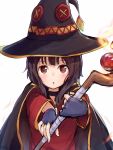  1girl bandage black_cape black_gloves black_hair black_hat cape collar dress fingerless_gloves gloves hat highres holding holding_staff kono_subarashii_sekai_ni_shukufuku_wo! megumin red_dress short_hair_with_long_locks solo staff upper_body witch_hat 