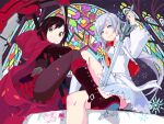  2girls church commentary_request crescent_rose morino_hon multiple_girls myrtenaster redhead ruby_rose rwby scar scar_across_eye weiss_schnee white_hair 