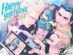  4boys black_hair blonde_hair brown_hair camera eyewear_on_head final_fantasy final_fantasy_xv gladiolus_amicitia halftone happy_birthday ignis_scientia laughing male_focus multiple_boys noctis_lucis_caelum prompto_argentum self_shot setsu-st viewfinder 