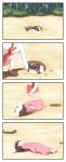  2girls 4koma :&lt; absurdres animal_ears barefoot blurry breast_squeeze breasts brown_footwear brown_hair bush carrot closed_mouth comic dress empty_eyes forest hair_between_eyes highres hole inaba_tewi large_breasts long_sleeves looking_up lying motion_blur multiple_girls nature no_nose on_back out_of_frame outdoors pink_dress rabbit_ears reisen_udongein_inaba shirosato shirt shoes short_hair socks squatting stuck throwing touhou tree white_legwear 