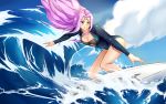  1girl blush breasts cleavage facial_mark fate/grand_order fate_(series) forehead_mark highres long_hair medium_breasts nezumi_nezumi ocean parted_lips purple_hair rider smile solo surfboard surfing violet_eyes wetsuit 