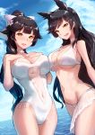  2girls :d animal_ears asymmetrical_docking atago_(azur_lane) azur_lane bangs bare_arms bare_shoulders bikini black_hair blue_sky blunt_bangs blush bow breast_press breasts brown_hair casual_one-piece_swimsuit cleavage cleavage_cutout clouds covered_navel cowboy_shot day flower hair_bow hair_flower hair_ornament hands_on_own_chest high_ponytail highres horizon large_breasts long_hair looking_at_viewer multiple_girls navel ocean one-piece_swimsuit open_mouth outdoors round_teeth sawawse see-through shiny shiny_hair sky smile standing stomach swimsuit takao_(azur_lane) teeth very_long_hair water white_bikini white_bow yellow_eyes 