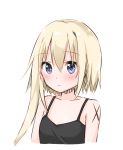 1girl bangs bare_shoulders black_dress blonde_hair blue_eyes blush closed_mouth collarbone commentary_request dress eyebrows_visible_through_hair hair_between_eyes long_hair looking_at_viewer original simple_background sleeveless sleeveless_dress solo spaghetti_strap tareme tia-chan uchuuneko white_background 