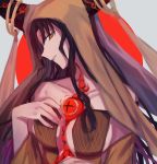  1girl aoki_shizumi bare_shoulders black_hair breasts collarbone demon_pillar_(fate/grand_order) fate_(series) grey_background horns long_hair looking_at_viewer medium_breasts red_eyes sesshouin_kiara sweat trembling upper_body veil yellow_eyes 