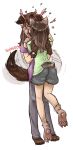  2girls absurdres animal_ears barefoot blush brown_hair commentary covered_face dog_ears dog_tail glasses green_shirt heart hhhori highres kiss kobold_(monster_girl_encyclopedia) long_hair monster_girl monster_girl_encyclopedia multiple_girls pants paws purple_shirt shirt short_hair shorts signature simple_background standing tail watch watch white_background yuri 