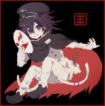  1boy cape dangan_ronpa hat holding holding_mask mask new_dangan_ronpa_v3 open_mouth ouma_kokichi outstretched_arm peaked_cap purple_hair smile straitjacket suke_(mo8460) violet_eyes 