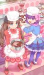  2girls apron black_bow blue_eyes blue_jacket bow brown_hair chef_hat chocolate cooking dress fate/grand_order fate_(series) food hair_bow hat jacket juliet_sleeves kitchen_patissiere long_sleeves matou_sakura muffin multiple_girls nekotawawa official_art open_mouth puffy_sleeves purple_bow purple_footwear purple_hair purple_legwear purple_scarf purple_skirt red_dress red_footwear scarf shoes skirt smile thigh-highs tohsaka_rin twintails violet_eyes white_apron white_bow white_hat younger 