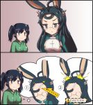  &gt;:&lt; 2girls 2koma ahoge animal_ears azur_lane black_eyes black_hair blue_eyes closed_mouth comic commentary_request crossover english fujikusa glasses highres imagining japanese_clothes kantai_collection long_hair multiple_girls namesake rabbit_ears silent_comic simple_background smile souryuu_(azur_lane) souryuu_(kantai_collection) sweat twintails 