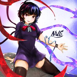  1860_(ichi) 1girl asymmetrical_wings black_hair black_legwear blush character_name dress houjuu_nue looking_at_viewer open_mouth red_eyes short_hair sitting smile snake solo thigh-highs touhou wings zettai_ryouiki 