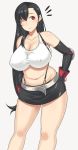  1girl belly belt black_hair blush breasts cleavage darabuchi fat_folds final_fantasy final_fantasy_vii gloves hand_on_hip highres large_breasts long_hair miniskirt navel nipples one_eye_closed plump red_eyes skirt solo suspender_skirt suspenders thighs tifa_lockhart winking 