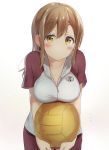  1girl ball bangs blush breasts brown_eyes brown_hair closed_mouth commentary_request eyes_visible_through_hair gym_uniform hair_between_eyes holding holding_ball kunikida_hanamaru large_breasts long_hair looking_at_viewer love_live! love_live!_sunshine!! micopp short_sleeves simple_background smile solo sportswear volleyball volleyball_uniform white_background yellow_eyes zipper 
