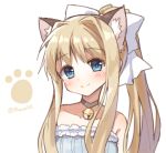  1girl air animal_ears bangs bare_shoulders bell bell_choker blonde_hair blue_dress blue_eyes blush bow brown_neckwear cat_ears choker closed_mouth collarbone dress eyebrows_visible_through_hair hair_between_eyes hair_bow head_tilt high_ponytail jingle_bell kamio_misuzu long_hair looking_at_viewer mauve off-shoulder_dress off_shoulder ponytail sidelocks simple_background smile solo twitter_username white_background white_bow 