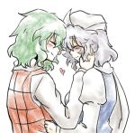  2girls blush closed_eyes commentary_request facing_another from_behind green_hair grey_hair hat juliet_sleeves kagosumi kazami_yuuka letty_whiterock long_sleeves multiple_girls puffy_sleeves red_vest short_hair sketch smile touhou upper_body vest wavy_hair white_hat yuri 