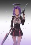  1girl black_gloves cowboy_shot falling_petals glaive gloves gradient gradient_background hand_up highres holding holding_weapon kantai_collection legs looking_at_viewer mechanical_halo purple_hair red ribbon smile solo tatsuta_(kantai_collection) tsurime uno_(union) violet_eyes weapon 