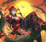  1girl absurdres aircraft airship bare_shoulders bat_wings breasts bridal_gauntlets brown_hair cleavage detached_collar flower granblue_fantasy hair_flower hair_ornament halloween head_wings highres kakage large_breasts long_hair looking_at_viewer petals rose rosetta_(granblue_fantasy) sitting skirt smile solo thigh-highs thorns twilight violet_eyes wings 