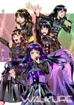  5girls brown_hair earphones flag half_updo highres hung_kasai idol junna_(singer) koshimizu_ami long_hair macross macross_delta microphone multiple_girls music purple_hair seiyuu seiyuu_connection singer singing suzuki_minori touyama_nao walkure_(macross_delta) yasuno_kiyono 