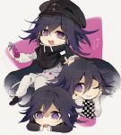  3boys cape checkered_scarf dangan_ronpa fanta hand_on_another&#039;s_head hands_on_own_cheeks hands_on_own_face hat multiple_boys new_dangan_ronpa_v3 open_mouth ouma_kokichi peaked_cap purple_hair scarf smile straitjacket suke_(mo8460) violet_eyes 