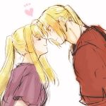  1boy 1girl antenna_hair bangs blonde_hair closed_eyes couple edward_elric expressionless eyebrows_visible_through_hair fullmetal_alchemist heart hetero long_hair looking_at_another noses_touching ponytail purple_shirt red_shirt shirt simple_background smile tsukuda0310 upper_body white_background winry_rockbell yellow_eyes 