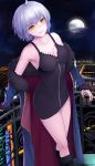  1girl absurdres ahoge bare_shoulders black_dress blush breasts can cityscape cleavage coat dress fate/grand_order fate_(series) full_moon fur_trim grin hand_on_railing head_tilt highres jeanne_alter kyoukai33 looking_at_viewer medium_breasts moon night night_sky off_shoulder ruler_(fate/apocrypha) short_dress short_hair silver_hair sky smile solo standing yellow_eyes 