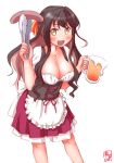  1girl :d alcohol alternate_costume apron beer beer_mug black_hair blush breasts cleavage collarbone commentary_request dirndl fang food german_clothes hair_ribbon highres holding kanon_(kurogane_knights) kantai_collection large_breasts long_hair looking_at_viewer multicolored_hair naganami_(kantai_collection) open_mouth ribbon sausage simple_background sketch smile solo standing two-tone_hair white_background yellow_eyes 