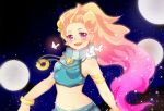  1girl armlet axshenglzro bare_shoulders bracelet butterfly crop_top fang gradient_hair highres jewelry league_of_legends long_hair midriff multicolored_hair navel necklace shorts smile solo sparkle sphere star starry_background turtleneck violet_eyes zoe_(league_of_legends) 