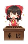  1girl ascot black_hair bow box chibi closed_eyes detached_sleeves donation_box hair_bow hair_tubes hakurei_reimu long_hair open_mouth red_bow ribbon-trimmed_sleeves ribbon_trim shinoba simple_background smile solo sparkle touhou upper_body vest white_background 